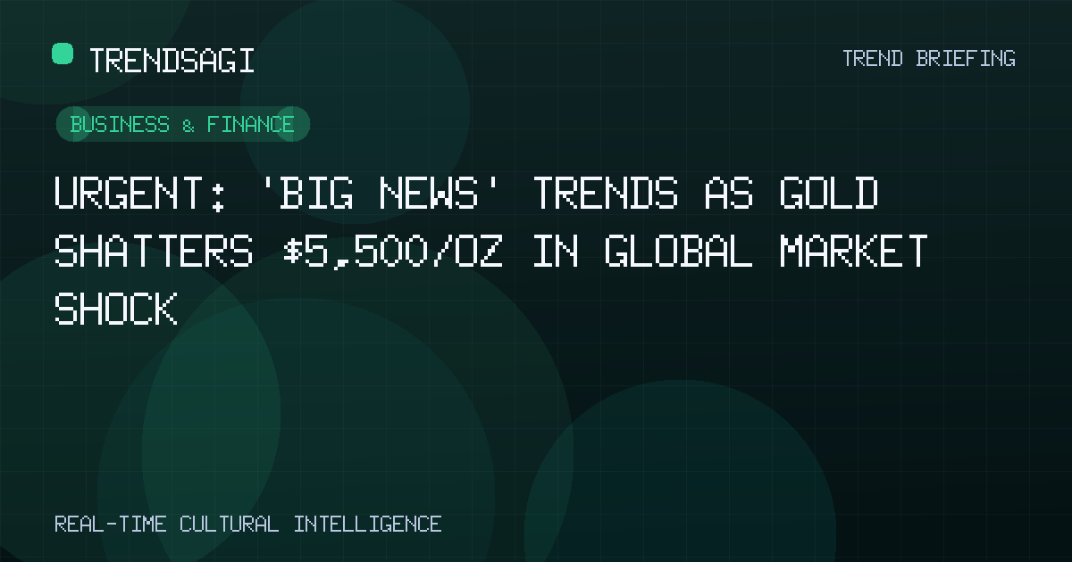 A professional financial data visualization showing a dramatic upward spike in market prices, representing the global market shock as gold prices shatter the $5,500 per ounce threshold amid breaking news in business and finance.